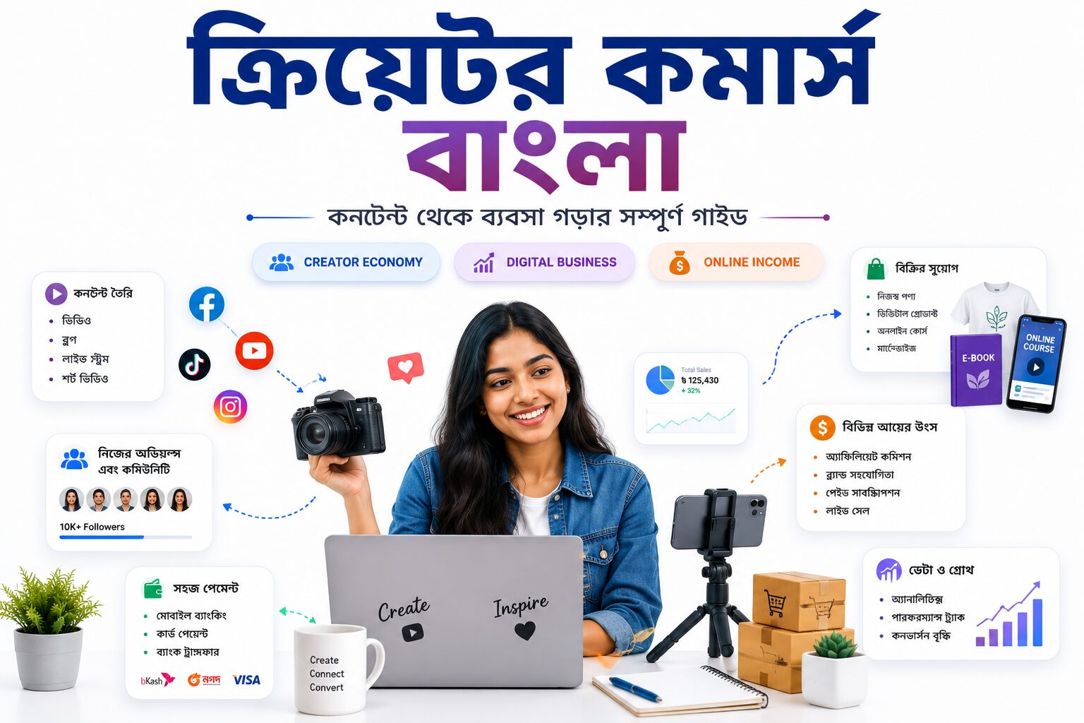 ক্রিয়েটর কমার্স বাংলা গাইড যেখানে কনটেন্ট ক্রিয়েটর সোশ্যাল মিডিয়া, ডিজিটাল পণ্য, অ্যাফিলিয়েট মার্কেটিং ও অনলাইন ব্যবসার মাধ্যমে আয় করছেন।