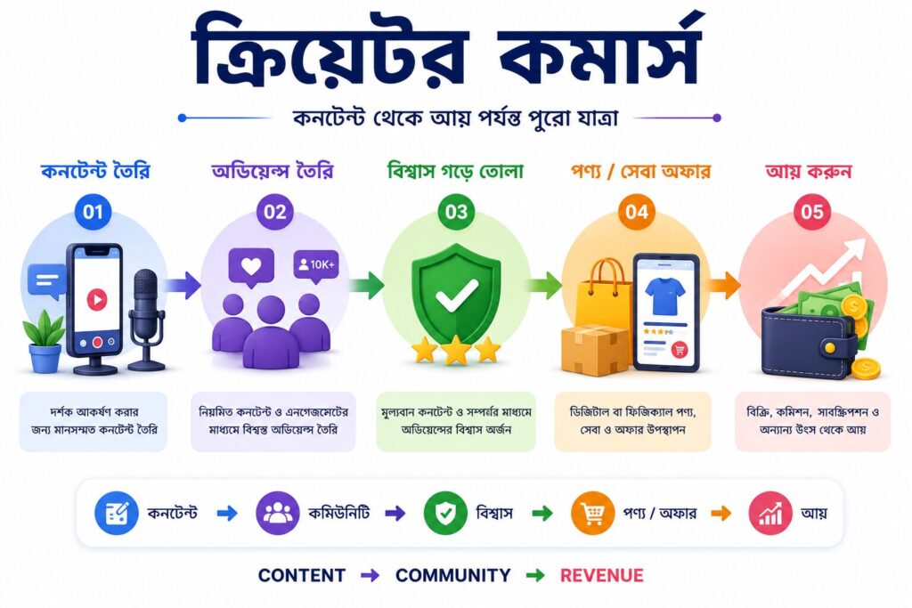 ক্রিয়েটর কমার্সের সম্পূর্ণ ইকোসিস্টেম দেখানো একটি ইনফোগ্রাফিক, যেখানে কনটেন্ট তৈরি, অডিয়েন্স গঠন, বিশ্বাস অর্জন, পণ্য বা সেবা বিক্রি এবং আয় তৈরির ধাপগুলো দেখানো হয়েছে।