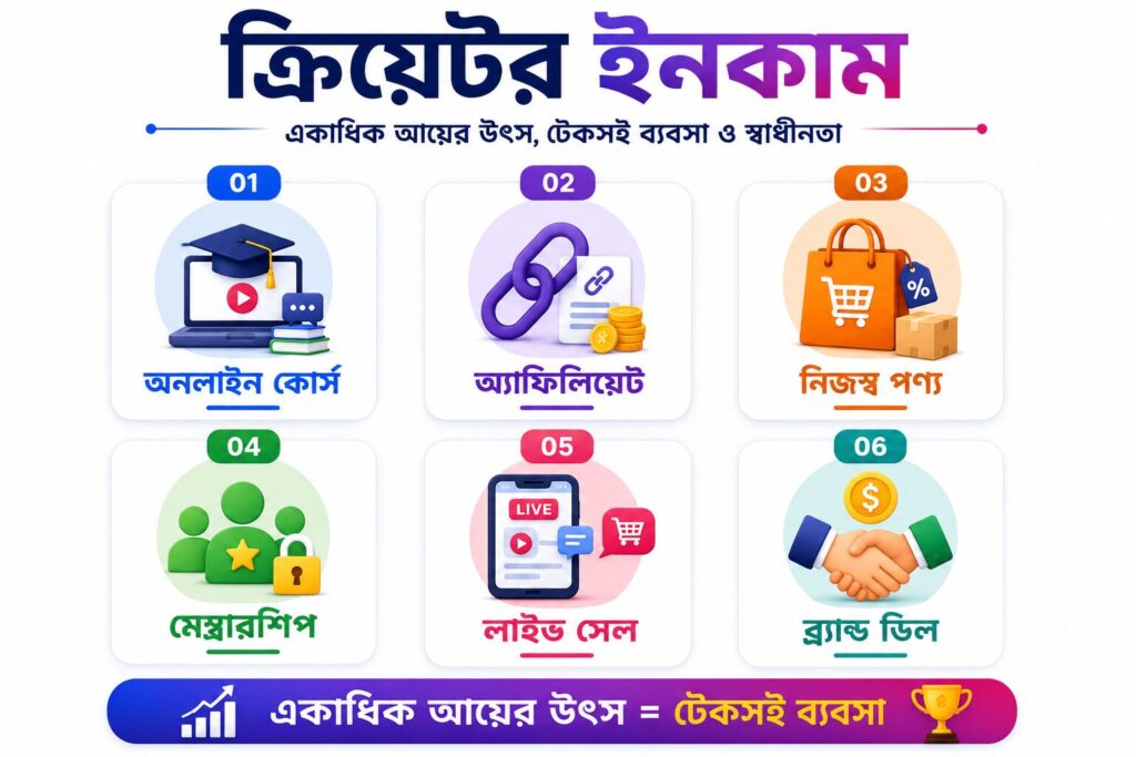 ক্রিয়েটরদের বিভিন্ন আয়ের উৎস দেখানো একটি ইনফোগ্রাফিক, যেখানে অনলাইন কোর্স, অ্যাফিলিয়েট মার্কেটিং, নিজস্ব পণ্য, মেম্বারশিপ, লাইভ সেল এবং ব্র্যান্ড ডিলের মাধ্যমে আয় করার উপায় দেখানো হয়েছে।