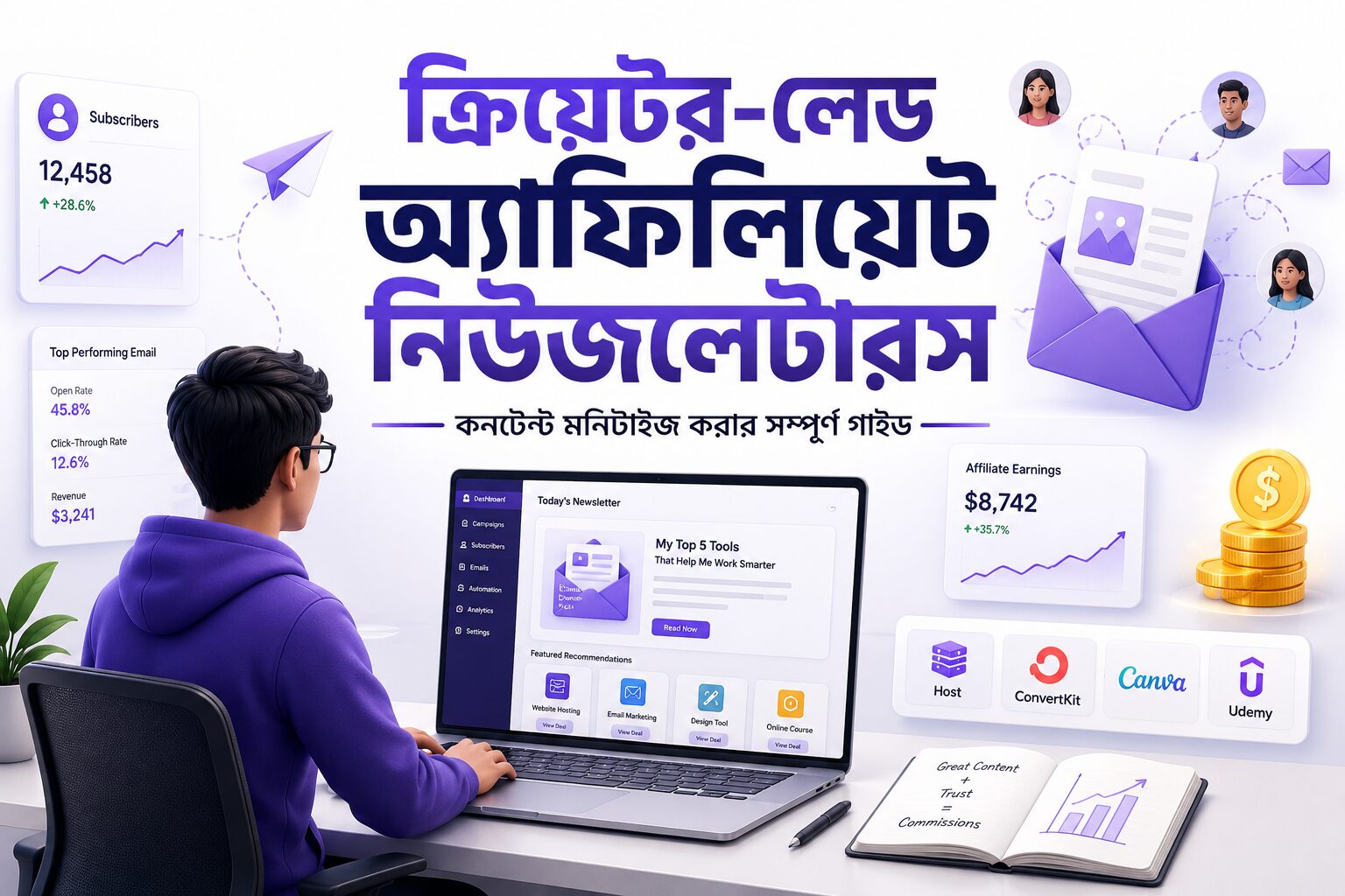 ক্রিয়েটর-লেড অ্যাফিলিয়েট নিউজলেটারসের মাধ্যমে কনটেন্ট মনিটাইজেশন, ইমেইল মার্কেটিং, অ্যাফিলিয়েট কমিশন এবং অডিয়েন্স গ্রোথ প্রদর্শনকারী আধুনিক ইলাস্ট্রেশন।