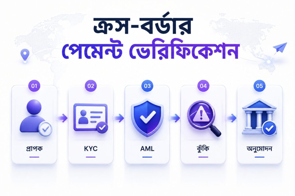 ক্রস-বর্ডার পেমেন্ট ভেরিফিকেশন প্রক্রিয়া যেখানে Beneficiary, KYC, AML, Risk Assessment এবং Payment Approval ধাপ দেখানো হয়েছে।