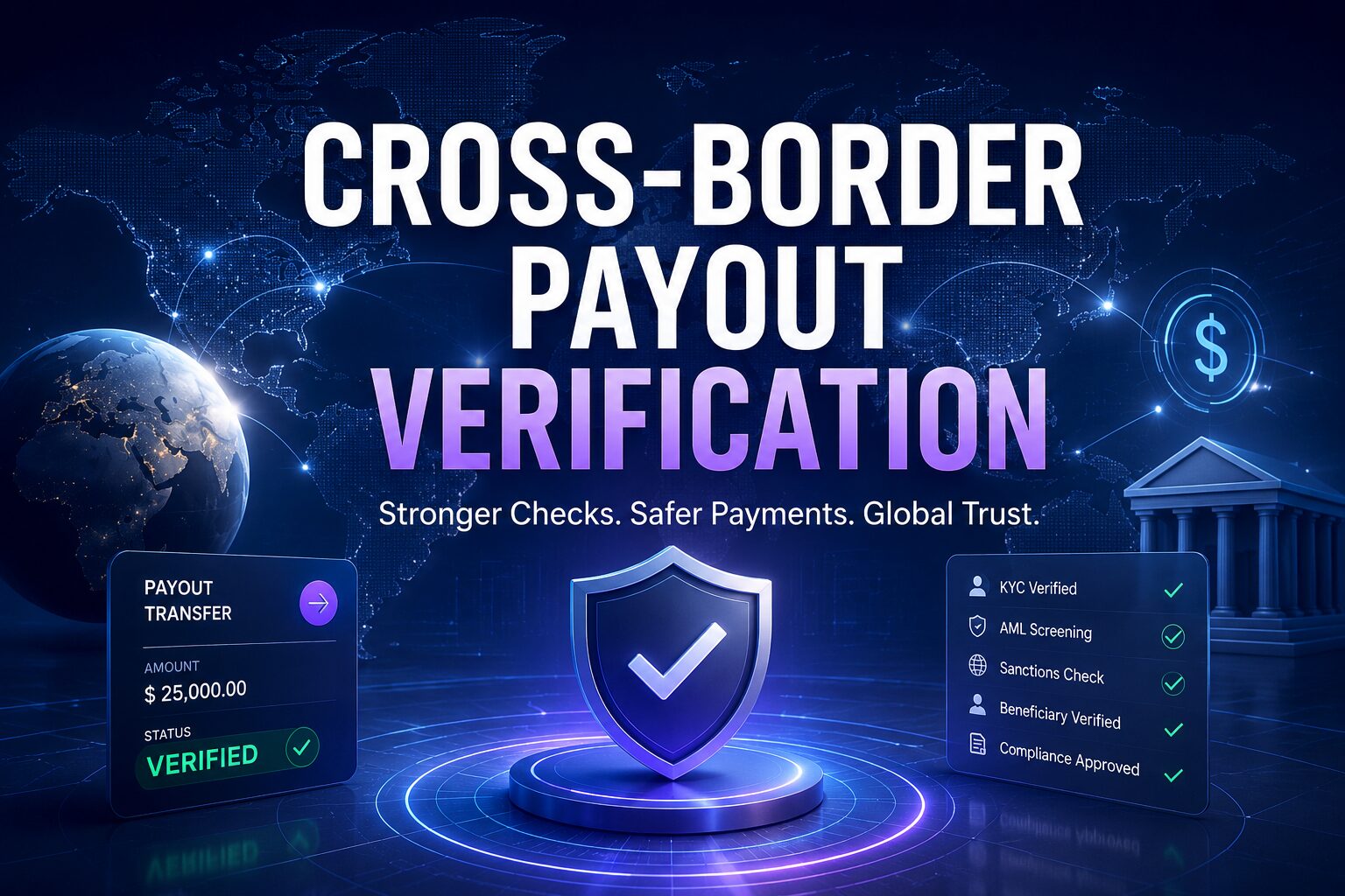 Cross-border payout verification illustration showing secure international payment verification, compliance checks, KYC, AML screening and global payment security.