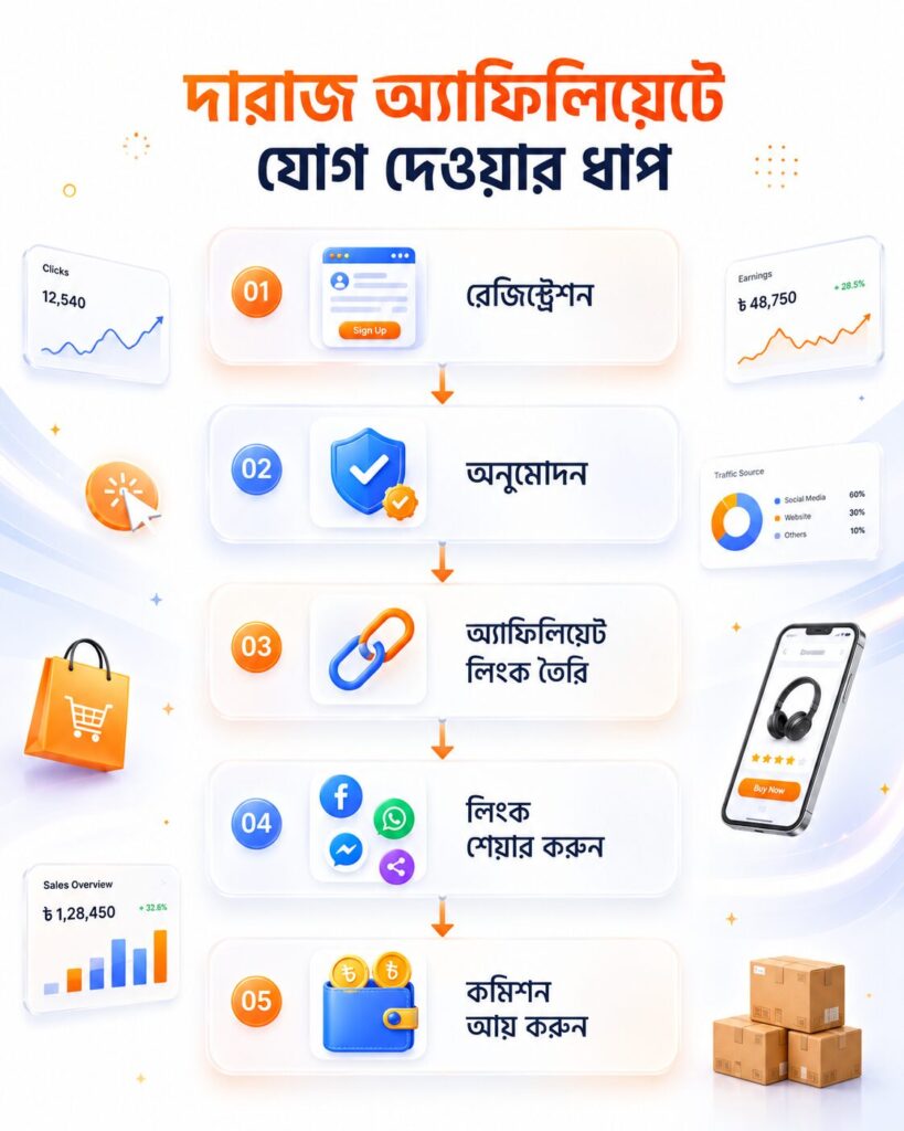 দারাজ অ্যাফিলিয়েট রেজিস্ট্রেশন প্রক্রিয়া ও কমিশন আয়ের ধাপ