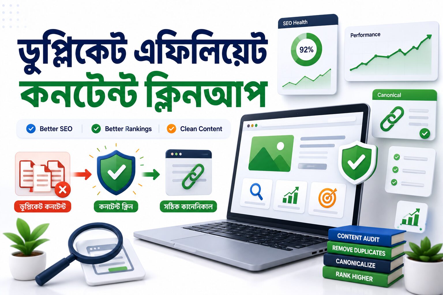 ডুপ্লিকেট এফিলিয়েট কনটেন্ট ক্লিনআপ বিষয়ে তৈরি একটি হিরো ইমেজ, যেখানে duplicate content, content audit, canonical tag, SEO optimization এবং সার্চ র‌্যাঙ্কিং উন্নত করার ধারণা তুলে ধরা হয়েছে।
