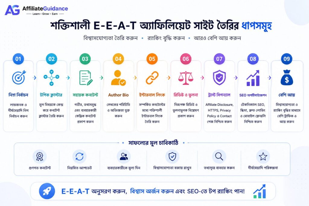 একটি সফল E-E-A-T এফিলিয়েট সাইট তৈরির ধাপসমূহ দেখানো ল্যান্ডস্কেপ ফ্লোচার্ট, যেখানে নিশ নির্বাচন, টপিক ক্লাস্টার, মানসম্মত কনটেন্ট, Internal Linking, Trust Signals এবং SEO Growth-এর ধাপগুলো উপস্থাপন করা হয়েছে।