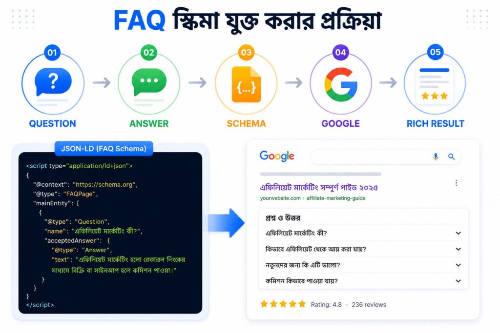 FAQ Schema কীভাবে প্রশ্ন ও উত্তরকে Google Rich Results-এ রূপান্তর করে তার ইনফোগ্রাফিক