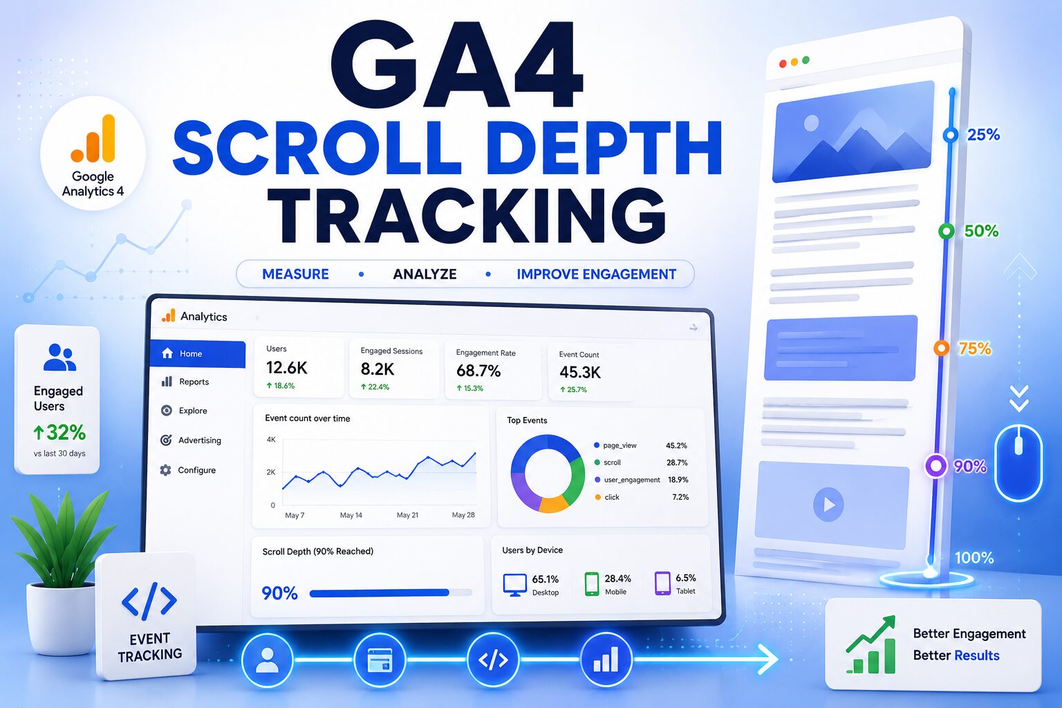 GA4 Scroll Depth Tracking বিষয়টি বোঝাতে Google Analytics 4 ড্যাশবোর্ড, স্ক্রল প্রগ্রেস, Scroll Event, ব্যবহারকারীর এনগেজমেন্ট এবং ডেটা বিশ্লেষণের ধারণা দেখানো হয়েছে।
