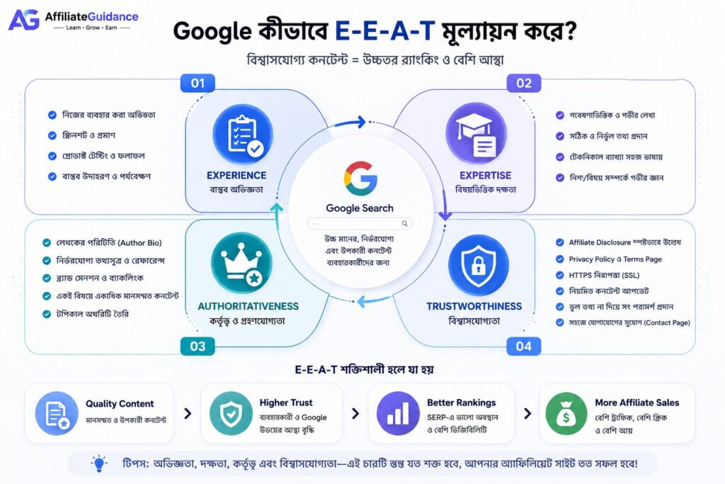 Google কীভাবে E-E-A-T মূল্যায়ন করে তা দেখানো একটি ইনফোগ্রাফিক, যেখানে Experience, Expertise, Authoritativeness এবং Trustworthiness-এর মাধ্যমে ওয়েবসাইটের বিশ্বাসযোগ্যতা মূল্যায়নের ধাপ দেখানো হয়েছে।