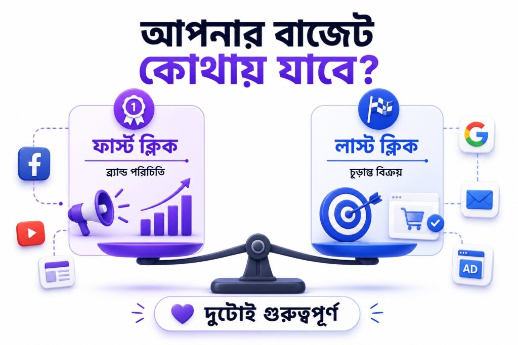 একটি ভারসাম্যপূর্ণ ইনফোগ্রাফিকে ফার্স্ট ক্লিক ও লাস্ট ক্লিক অ্যাট্রিবিউশন মডেলকে পাশাপাশি উপস্থাপন করা হয়েছে। ব্র্যান্ড পরিচিতি ও চূড়ান্ত কনভার্সনের গুরুত্ব তুলনা করে দেখানো হয়েছে যে কার্যকর মার্কেটিং কৌশল নির্ধারণের জন্য দুটি অ্যাট্রিবিউশন মডেলই গুরুত্বপূর্ণ এবং পরস্পরের পরিপূরক।