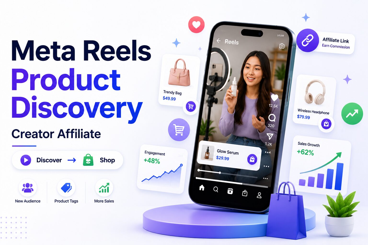 Meta Reels-এর Product Discovery ফিচার এবং Creator Affiliate মডেল দেখানো একটি হিরো ইমেজ, যেখানে ছোট ভিডিও, পণ্য আবিষ্কার এবং অনলাইন বিক্রির ধারণা তুলে ধরা হয়েছে।