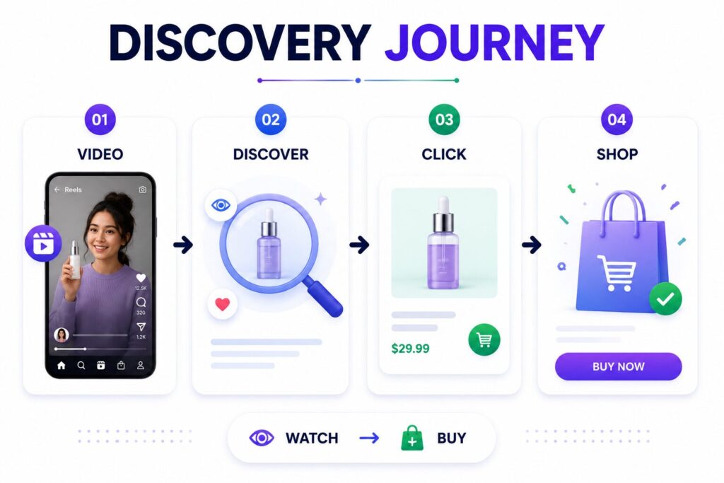 Meta Reels-এর Product Discovery Journey দেখানো একটি ইনফোগ্রাফিক, যেখানে ভিডিও দেখা থেকে শুরু করে পণ্য আবিষ্কার, ক্লিক এবং কেনাকাটার ধাপগুলো দেখানো হয়েছে।