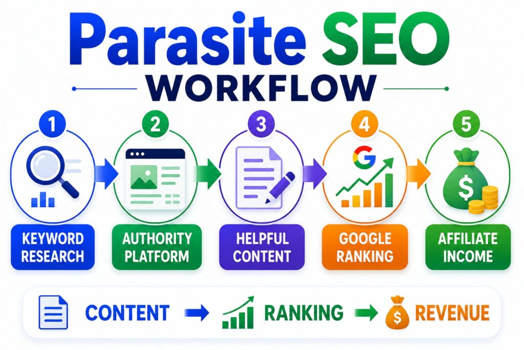Parasite SEO Workflow দেখানো একটি ইনফোগ্রাফিক, যেখানে কিওয়ার্ড রিসার্চ, উচ্চ অথরিটি প্ল্যাটফর্ম নির্বাচন, সহায়ক কনটেন্ট প্রকাশ, Google র্যাঙ্কিং এবং অ্যাফিলিয়েট আয়ের ধাপগুলো দেখানো হয়েছে।