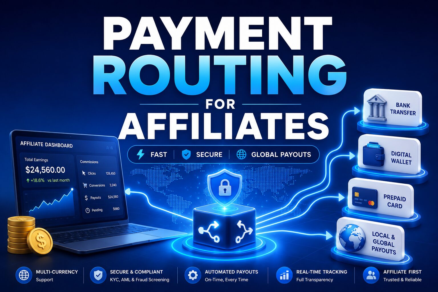Payment Routing for Affiliates বিষয়টি বোঝাতে নিরাপদ পেমেন্ট রাউটিং, ডিজিটাল ওয়ালেট, ব্যাংক ট্রান্সফার এবং গ্লোবাল অ্যাফিলিয়েট পেআউট সিস্টেমের ধারণা উপস্থাপন করা হয়েছে।