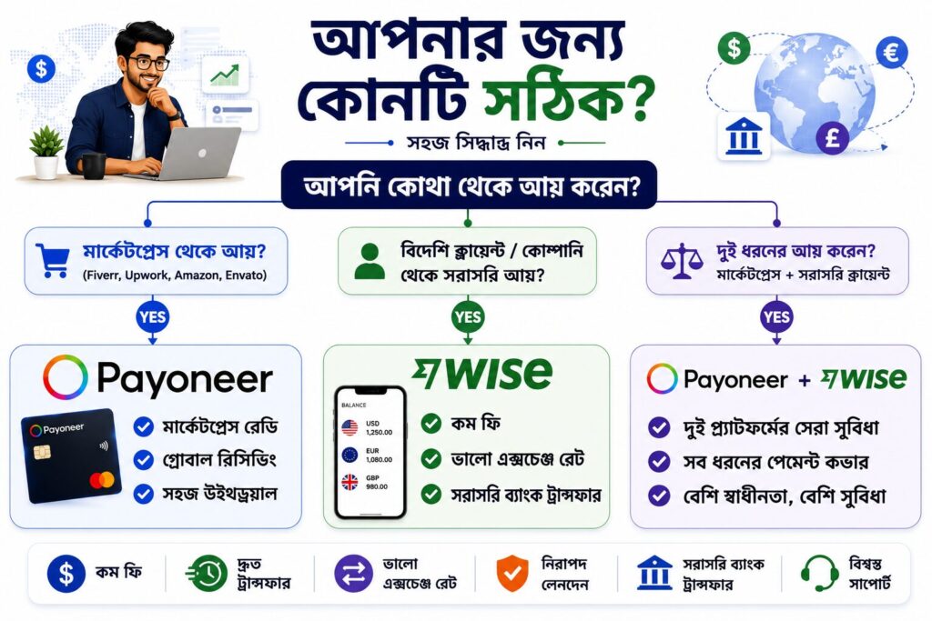 বাংলাদেশি ফ্রিল্যান্সারদের জন্য Payoneer না Wise—কোনটি বেছে নেবেন তা দেখানো একটি সিদ্ধান্তমূলক ফ্লোচার্ট, যেখানে মার্কেটপ্লেস, সরাসরি ক্লায়েন্ট এবং একাধিক আয়ের উৎস অনুযায়ী সঠিক পেমেন্ট প্ল্যাটফর্ম নির্বাচন দেখানো হয়েছে।