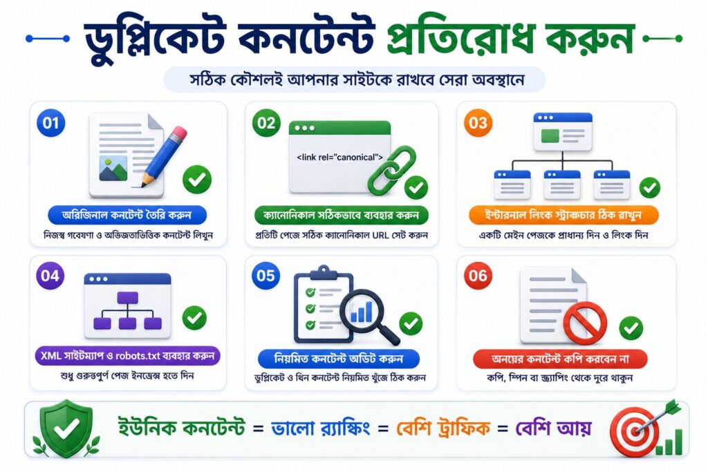 ডুপ্লিকেট কনটেন্ট প্রতিরোধের কৌশল দেখানো একটি ইনফোগ্রাফিক, যেখানে original content, canonical tag, internal linking, XML sitemap, content audit এবং কপি কনটেন্ট এড়িয়ে চলার নির্দেশনা দেওয়া হয়েছে।