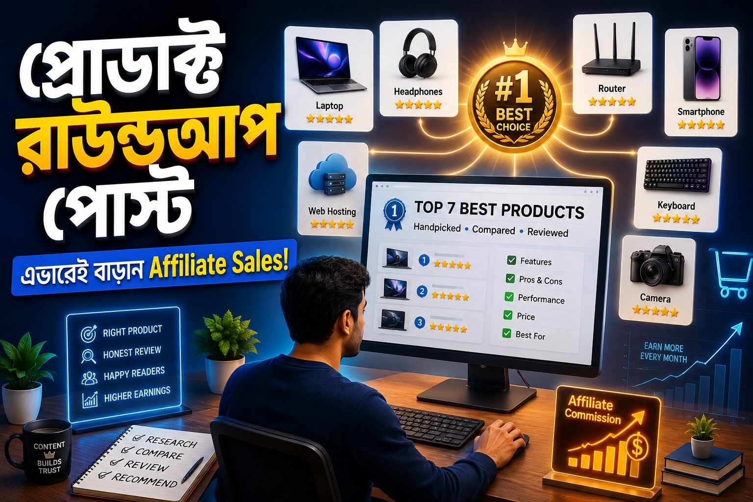 সফল প্রোডাক্ট রাউন্ডআপ পোস্ট তৈরি করে এফিলিয়েট বিক্রি বাড়ানোর ধারণামূলক চিত্র
