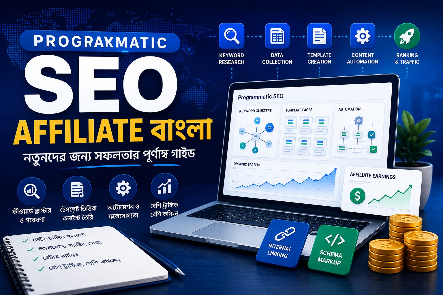 Programmatic SEO Affiliate বাংলা বাস্তবায়নের ধাপগুলো দেখানো হয়েছে, যেখানে কীওয়ার্ড গবেষণা, টেমপ্লেট, কনটেন্ট, ইন্টারনাল লিংকিং এবং SEO অপ্টিমাইজেশনের প্রবাহ তুলে ধরা হয়েছে।