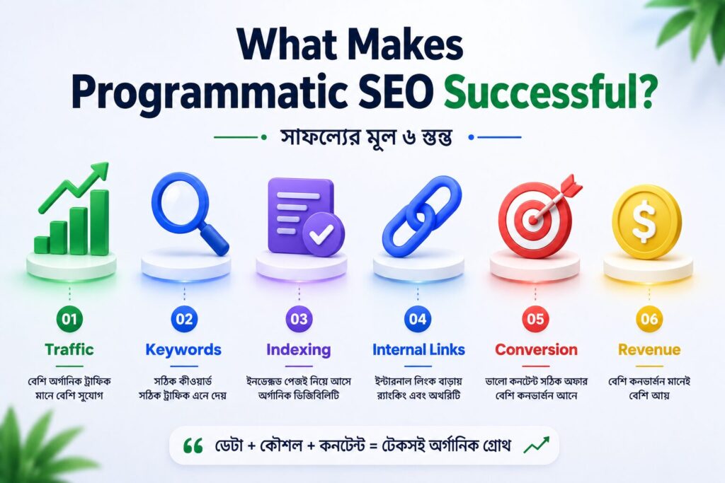 Programmatic SEO Affiliate বাংলা কৌশলের সফলতা মূল্যায়নের জন্য অর্গানিক ট্রাফিক, ইনডেক্সিং, CTR, কনভার্সন, র‍্যাঙ্কিং এবং পারফরম্যান্স মেট্রিক প্রদর্শন করা হয়েছে।