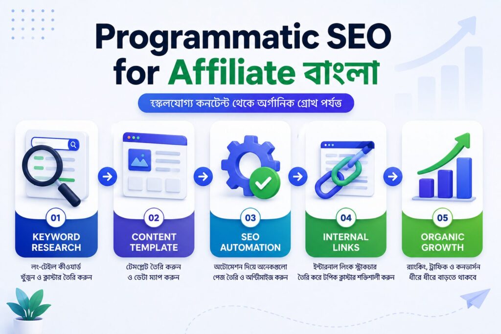 Programmatic SEO Affiliate বাংলা বাস্তবায়নের ধাপগুলো দেখানো হয়েছে, যেখানে কীওয়ার্ড গবেষণা, টেমপ্লেট, কনটেন্ট, ইন্টারনাল লিংকিং এবং SEO অপ্টিমাইজেশনের প্রবাহ তুলে ধরা হয়েছে।