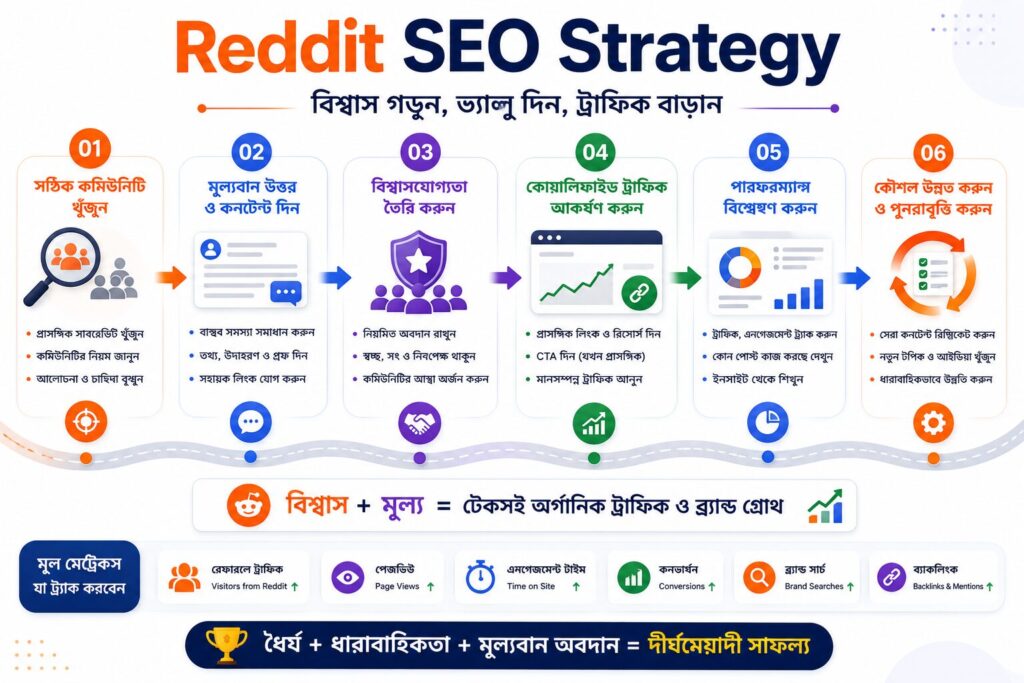 Reddit SEO Strategy দেখানো একটি ইনফোগ্রাফিক, যেখানে সঠিক কমিউনিটি নির্বাচন, মূল্যবান উত্তর প্রদান, বিশ্বাস অর্জন, ট্রাফিক বৃদ্ধি এবং পারফরম্যান্স বিশ্লেষণের ধাপগুলো দেখানো হয়েছে।