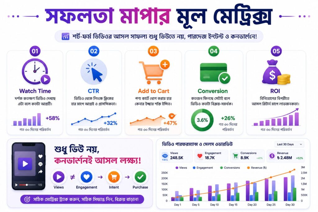 শর্ট-ফর্ম ভিডিওর সফলতা পরিমাপের গুরুত্বপূর্ণ মেট্রিক দেখানো একটি ইনফোগ্রাফিক, যেখানে watch time, CTR, add to cart, conversion এবং ROI-এর মাধ্যমে ভিডিওর কার্যকারিতা মূল্যায়ন করা হয়েছে।