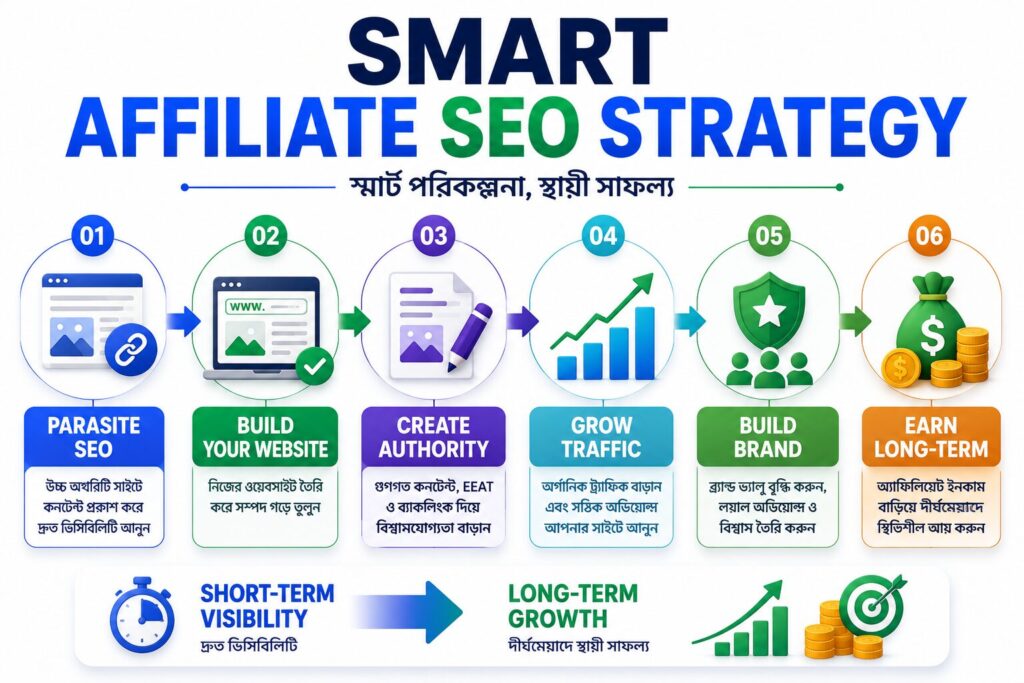 দীর্ঘমেয়াদে সফল অ্যাফিলিয়েট SEO কৌশল দেখানো একটি ইনফোগ্রাফিক, যেখানে Parasite SEO, নিজস্ব ওয়েবসাইট তৈরি, অথরিটি বৃদ্ধি, অর্গানিক ট্রাফিক, ব্র্যান্ড তৈরি এবং দীর্ঘমেয়াদি আয়ের ধাপগুলো উপস্থাপন করা হয়েছে।