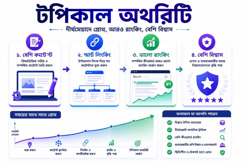 টপিকাল অথরিটি বৃদ্ধির ধাপ দেখানো একটি ইনফোগ্রাফিক, যেখানে quality content, smart linking, better rankings এবং trust বৃদ্ধির ধারণা উপস্থাপন করা হয়েছে।