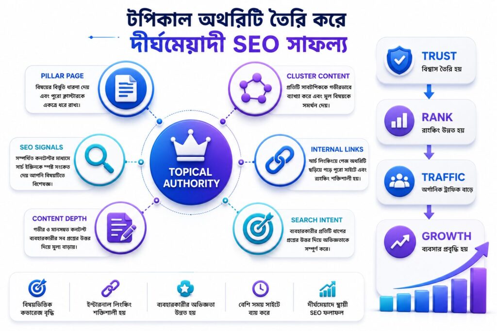 টপিকাল অথরিটি কনটেন্ট ক্লাস্টার বিষয়টি বোঝাতে Pillar Page, Content Cluster, Search Intent, Internal Linking, SEO Signals এবং দীর্ঘমেয়াদি অর্গানিক প্রবৃদ্ধির একটি আধুনিক ইকোসিস্টেম ইলাস্ট্রেশন।