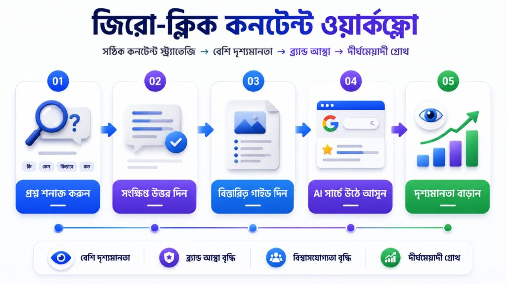 Zero-click Search কনটেন্ট স্ট্র্যাটেজি বিষয়টি বোঝাতে AI Search, Featured Snippet,Zero-click Search কনটেন্ট স্ট্র্যাটেজি বিষয়টি বোঝাতে প্রশ্ন শনাক্তকরণ, সংক্ষিপ্ত উত্তর, বিস্তারিত গাইড, AI Search এবং ব্র্যান্ড ভিজিবিলিটির ধাপ দেখানো একটি ইনফোগ্রাফিক। EEAT, কনটেন্ট, ব্র্যান্ড, অ্যানালিটিক্স এবং SEO ভিজিবিলিটির একটি আধুনিক ইকোসিস্টেম ইলাস্ট্রেশন।