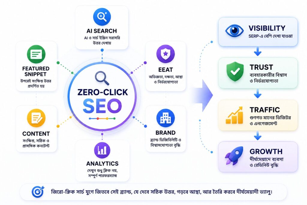 Zero-click Search কনটেন্ট স্ট্র্যাটেজি বিষয়টি বোঝাতে AI Search, Featured Snippet, EEAT, কনটেন্ট, ব্র্যান্ড, অ্যানালিটিক্স এবং SEO ভিজিবিলিটির একটি আধুনিক ইকোসিস্টেম ইলাস্ট্রেশন।
