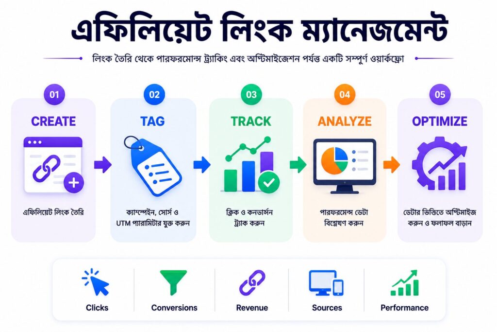 এফিলিয়েট লিংক ম্যানেজমেন্টে লিংক তৈরি, ট্যাগিং, ট্র্যাকিং, বিশ্লেষণ ও অপ্টিমাইজেশনের ধাপ